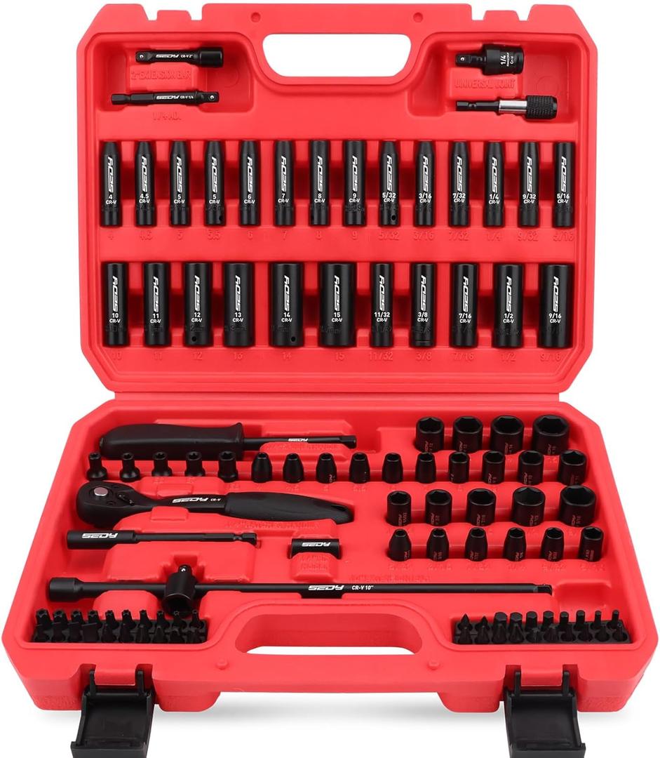 105-Piece 1/4" Drive Impact Socket Set, SAE 5/32"-9/16" & Metric 4-15mm, CR-V Steel Mechanics Tool Set with Ratchet Wrench, Adapters, Universal Joint, Screwdriver Bits, Bit Holder, Extension Bar
