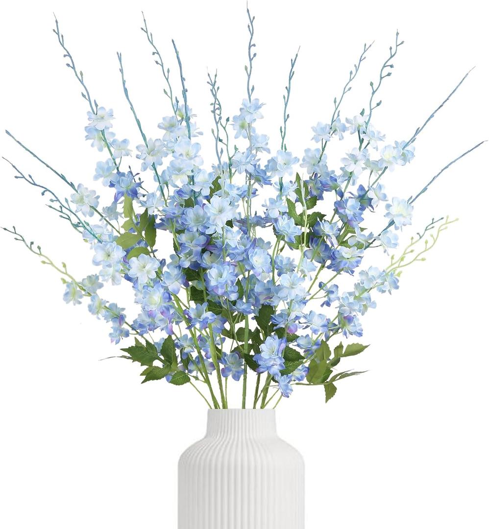 IPOPU Blue Delphinium Artificial Flowers,6PCS Realistic Fake Larkspur Flowers 42.5'' Faux Delphinium Bulk for Tall Vase Wedding Party Garden Home Decor (Blue)