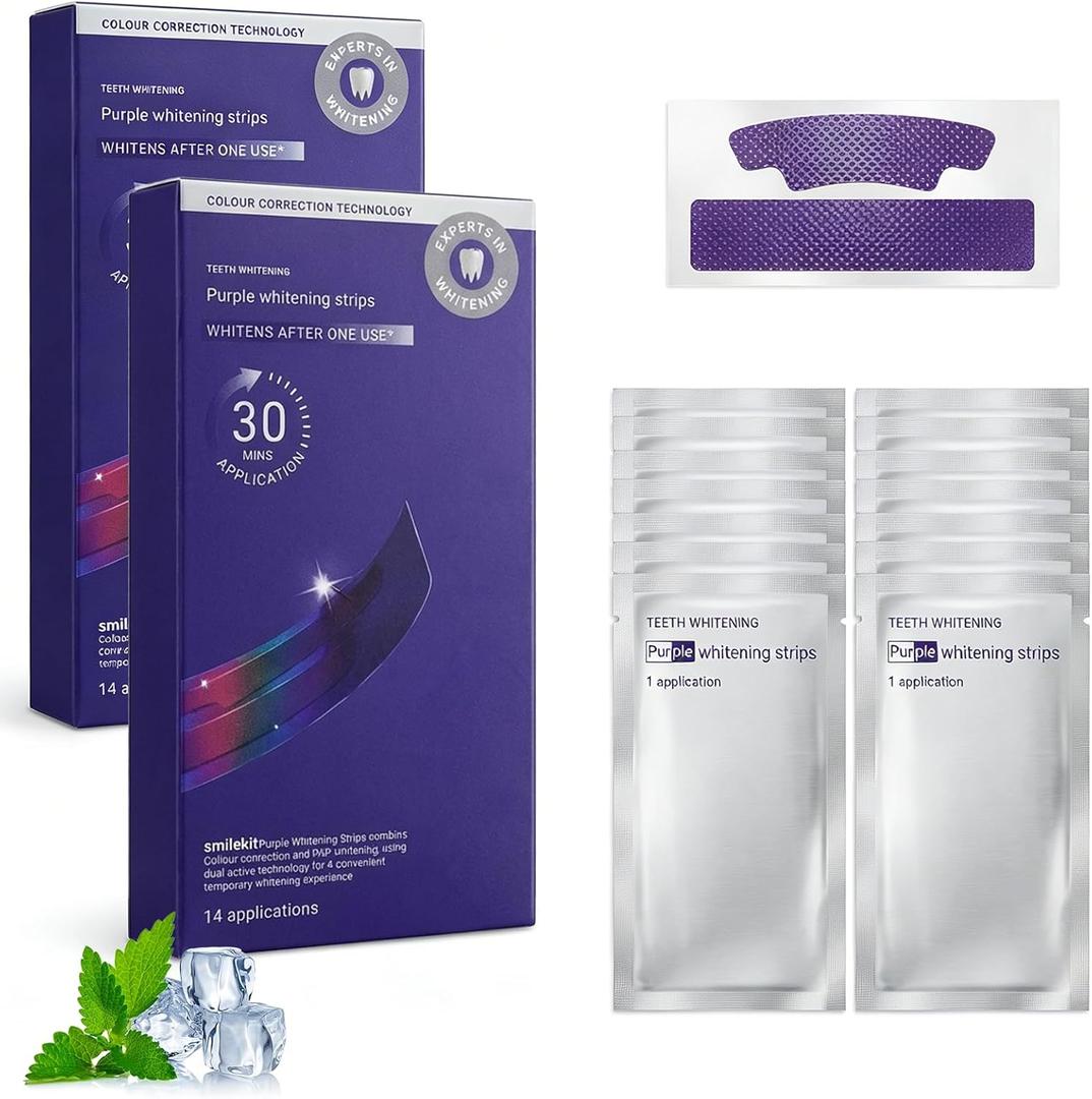 Purple Teeth Whitening Strips Gentle Daily Whitening Strips for Surface Stain Reduction & Natural Shine, Portable Teeth Care Strips for Home or On-the-Go Use (2 Boxes, 28 Strips Each)