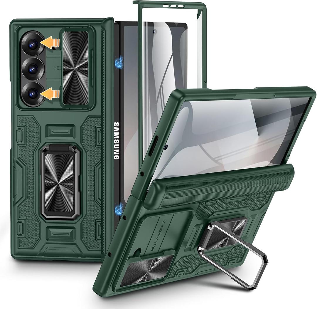 VEGO for Z Fold 6 Case with Hinge Protection & Screen Protector, Built-in 360 Magnetic Kickstand, Slide Camera Cover, Full Body Protective Case for Samsung Fold 6 - Green