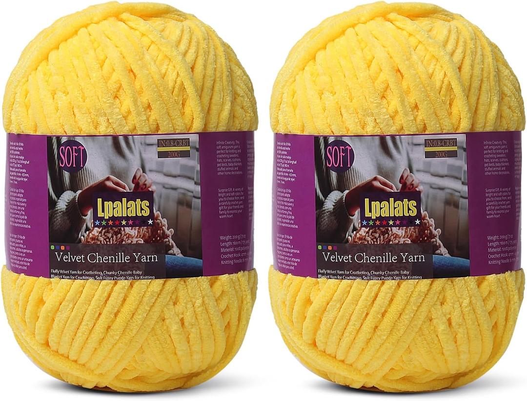 Baby Blanket Yarn for Crocheting - 2 Pack of 200g/7oz Chunky Chenille Yarn for Knitting Blankets Amigurumi - #6 Super Bulky - 348 Yards Soft Thick Plush Yarns (2, Yellow)