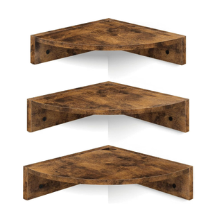 Corner Shelf Wall Mount, Set of 3 Floating Corner Shelves with Cord Hole, 3 Tier Wood Wall Display Shelf, Storage for Bathroom Living Room Kitchen Bedroom, Rustic Brown and Black