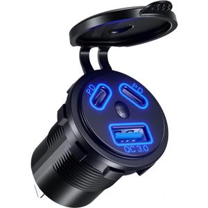 Kewig 12V USB Outlet Car Charge, 108W Super Fast Dual PD3.0 & QC3.0 3-Port Multiple Port for Car, USB C Cigarette Lighter Replacement 12 Volt Socket Waterproof for Marine Motorcycle RV Golf Cart