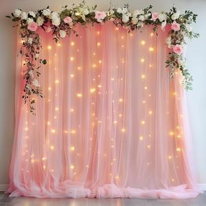 Xiomot Tulle Backdrop Curtain with Lights String 10FT X 8FT Peach Sheer Tulle Backdrop Curtains for Wedding Birthday Party Reception Photo Booth Background Decorations (2 Panels 5x8FT)