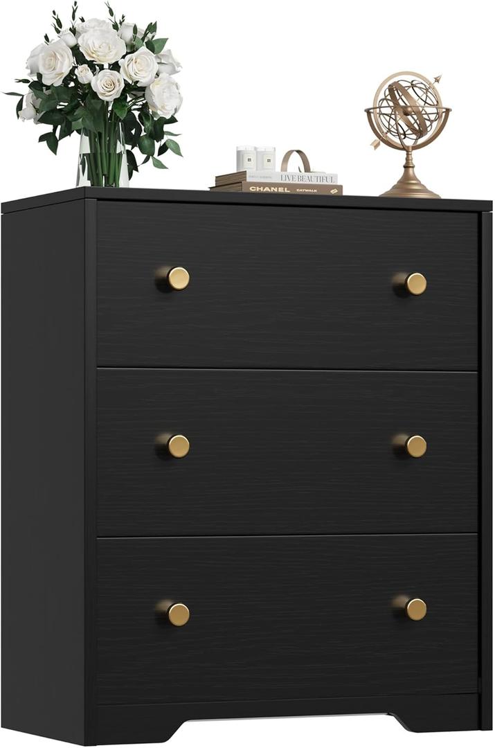 Nicehill 3 Drawer Dresser, Black Nightstand for Bedroom with Drawers, Small Dresser Bedside Table Chest of Drawers for Bedroom, Hallway, Entryway, Closets (Black)