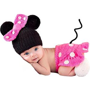 Jastore Photography Prop Baby Costume Cute Crochet Knitted Hat Cap Girl Boy Diaper Shoes Mouse (Pink)