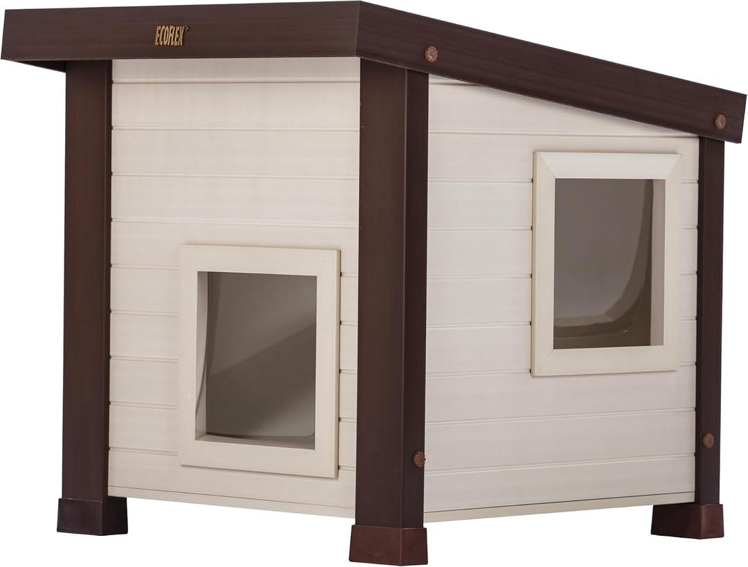 New Age Pet ECOFLEX Albany Outdoor Cat House - Weatherproof, Insulated, Elevated Floor, Dual Escape Doors, Easy Assembly, Moisture & Odor Resistant,  Maple/Brown