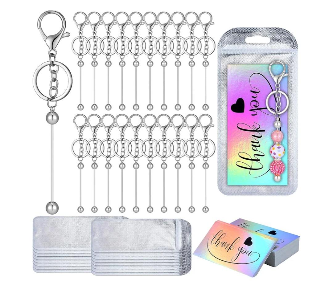 Sasylvia 60 Pcs Beadable Keychain Bars Bulk Making Kit 20 Beaded Keychain 20 Bag 20 Thank You Cards for DIY Keyrings Charms(Silver)