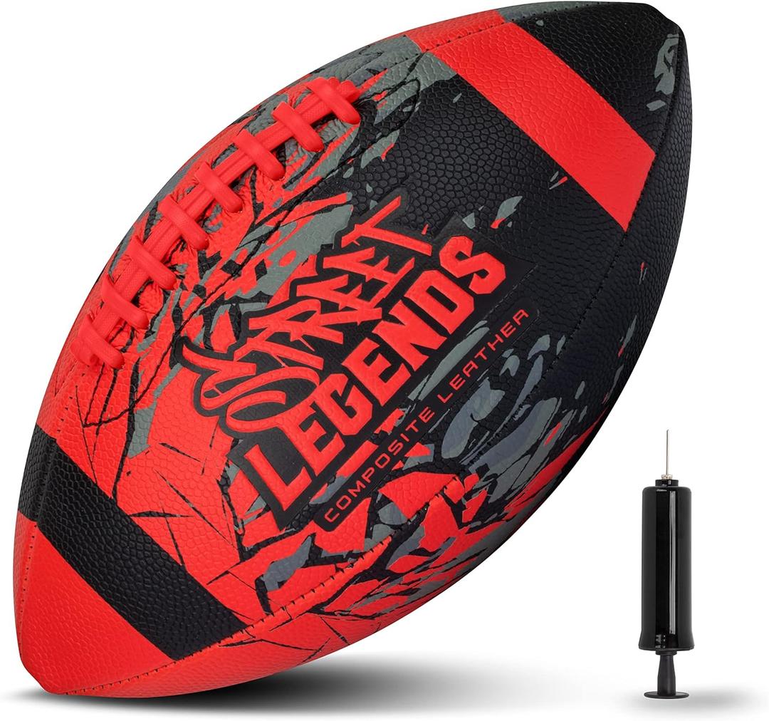 Street Legends Youth Football for Kids, Graffiti Printed Composite Leather Size 8 Football- Includes Pump, Made for Training, Practicing, & Recreational Play (Junior, Red)