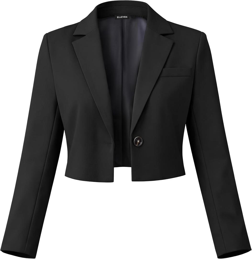ELLEVEN Womens Cropped Blazer Business Casual Open Front Long Sleeve One Button Jacket (X-Small, Black)