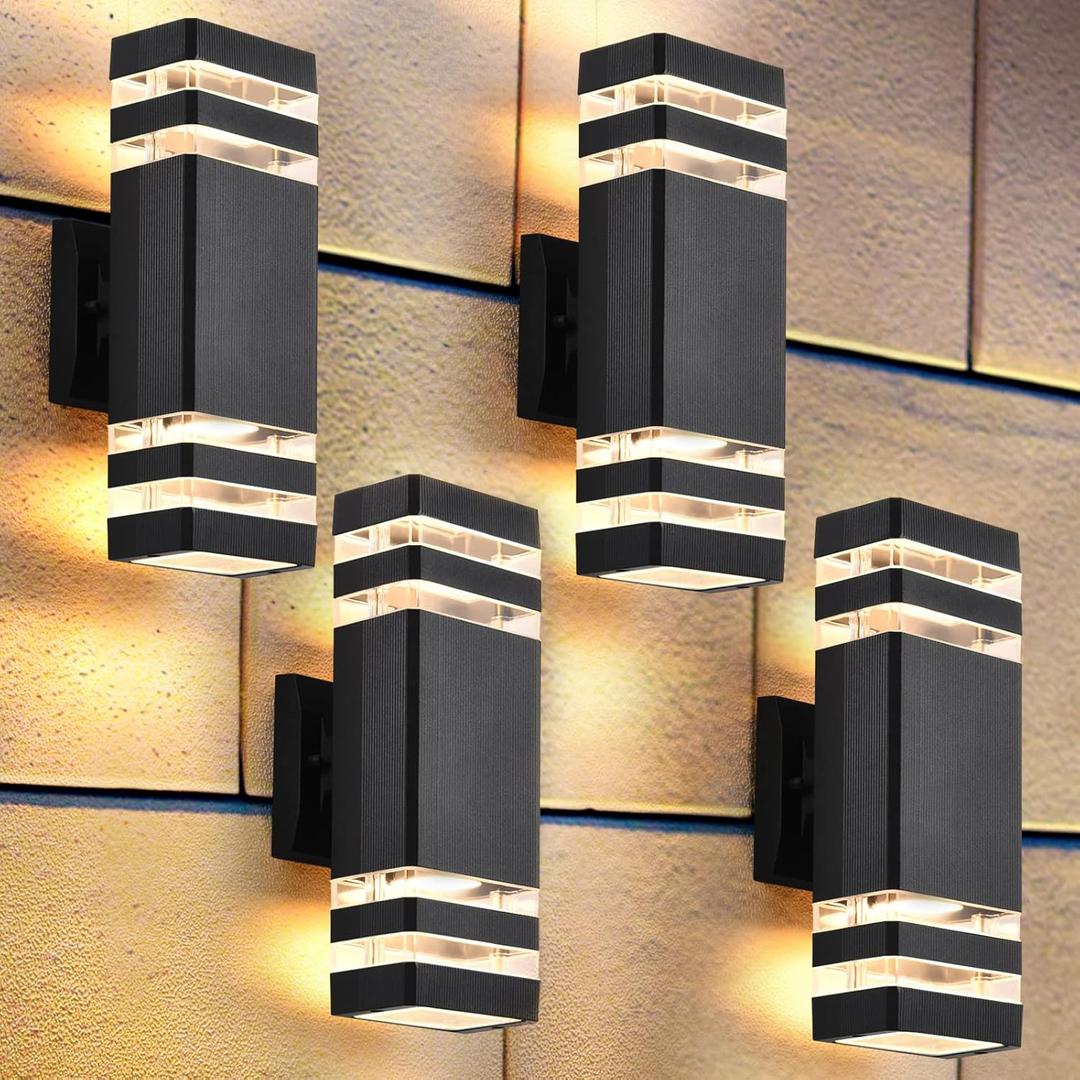 DASTOR 4 Pack Outdoor Wall Lights, Modern Exterior Lighting Fixtures Wall Mount, 2-Layer Black Outdoor Lights for House, Up and Down Lights Outdoor Sconces Wall Lighting for Porch Patio Garage