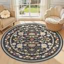 UERMEI 5ft Round Area Rug Living Room Rugs - 5x5 Washable Boho Vintage Floral Large Soft Non Slip Thin Rug Low Pile Carpet for Bedroom Dining Room Kids Playroom Office Decor Indoor- Black Grey