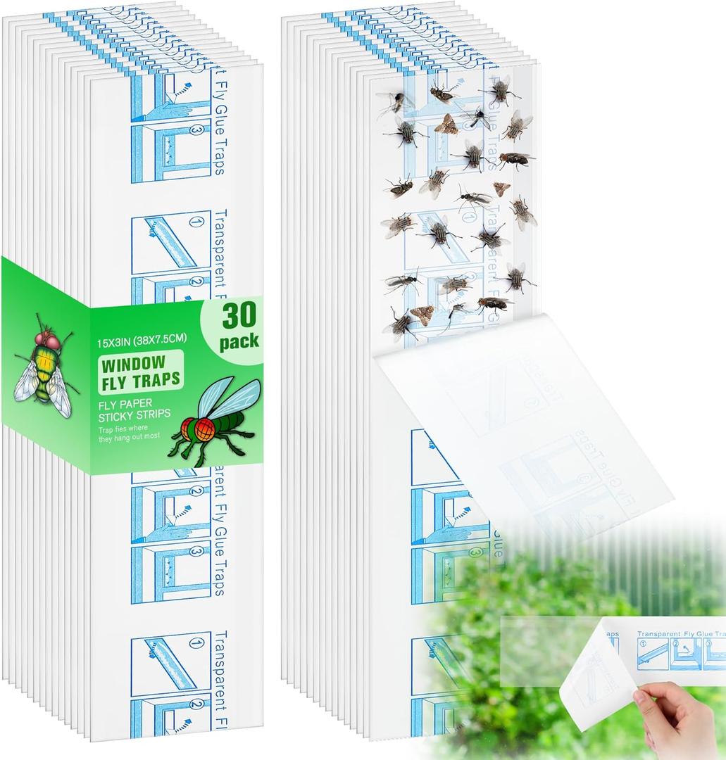 Qualirey 30 Pack XL Window Fly Traps for Indoors, Extra Large Fly Paper Sticky Strips, Waterproof & Non Toxic Clear Sticky Traps for Windows, Bug Catcher for House, Kitchen and Office(15"3")