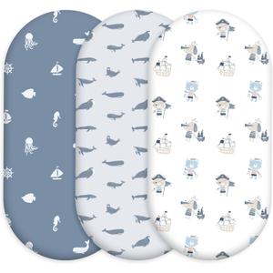 Civarua Kids Bassinet Fitted Sheets, 3 Pack Baby Boy and Girl, Soft Breathable Stretchy Baby Pad/Mattress Sheet Set, Universal Fit for Hourglass Oval and Rectangle Bassinet MattressBlue Whale Ocean