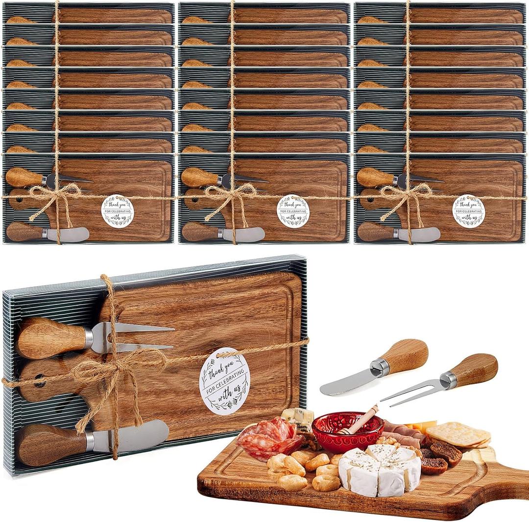 24 Set Bridal Baby Shower Cheese Prizes Wooden Square Board Gift Set Knives Forks Thank You Tags with Box for Guests for Valentines Bridal Baby Shower Housewarming Gifts (Acacia Color)