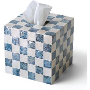 5.7" Tissue Box Cover, Handmade Checkered Cube Tissue Box Cover with Capiz Shells, Decorative Tissue Holder for Living Room, Bathroom, Bedroom or Office (Navy Blue, Square)