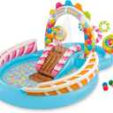 INTEX Candy Zone Inflatable Kiddie Pool: Inflatable Kids Pool with Water Sprayer and Slide  Splash Pad  116" x 75" x 51"  Ages 3+ (Multicolor)