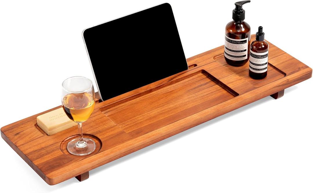 Premium Teak Bathtub Tray for Freestanding Baths - 29" Adjustable Spa Caddy | Compact, Thick & Stable Design | Anti-Tip with Accessories Holder | Natural Water-Resistant Finish
