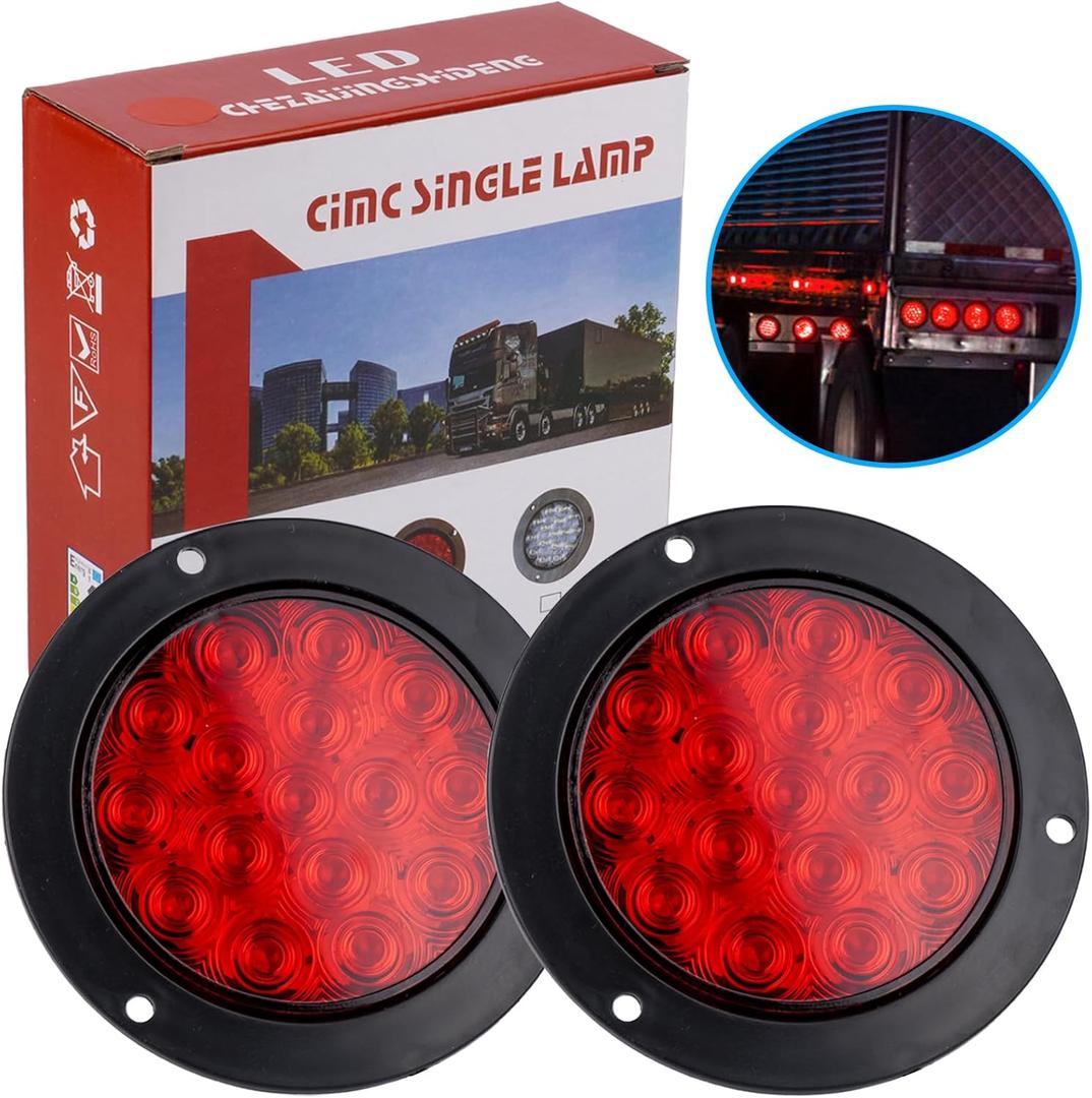 LIGBT 4 Inch Red Led Round Trailer Tail Lights 4" led trailer stop brake turn tail lights 16 LED Waterproof led trailer lights for Trailer Boat Truck RV