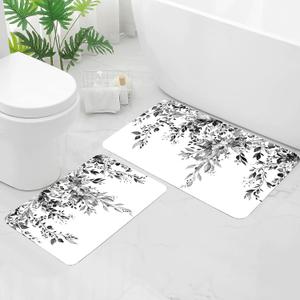 Gibelle Eucalyptus Leaves Bath Mat Rug Set 2 Piece, Super Absorbent Quick Dry Bathroom Rug Set, Non Slip Rubber Backed Bathroom Floor Mat for Tub Shower Sink (17"x24"+20"x32", Black)