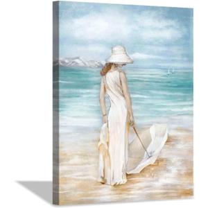 Hardy Gallery Abstract Beach Artwork Ocean Picture: Modern Women with Umbrella Sea Print Coastal Wall Art on Canvas for Bedroom (24 x 18 x1 Panel)