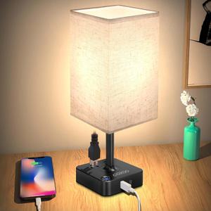 COZOO USB Bedside Dimmable Table Desk Lamp with 2 USB Charging Ports 2 Outlets Power Strip, Black Charger Base Flaxen Fabric Shade, LED Light for Bedroom/Nightstand/Living Room/Dorm/Home Office/College