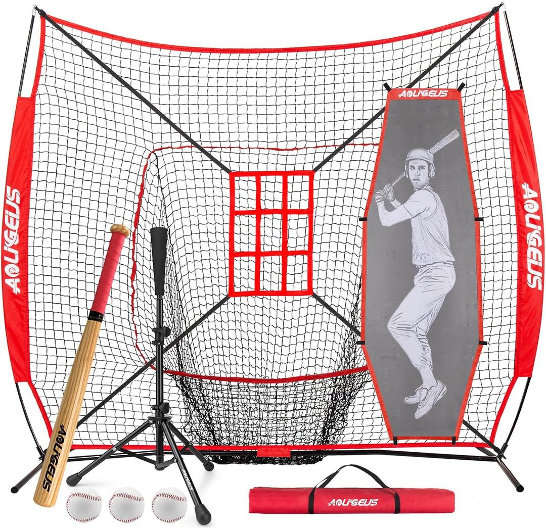 7'X7' Baseball Softball Practice Net,Pitching Net,Batting Net,with Baseball Tee,Bonus Strike Zone and Bow Frame,for Hitting,Pitching, Catching