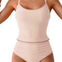 Eomenie Tankini Swimsuit for Women Tummy Control Ruched Two Piece Bathing Suits High Waisted Shell Stitch Swimwear (Medium, Beige)