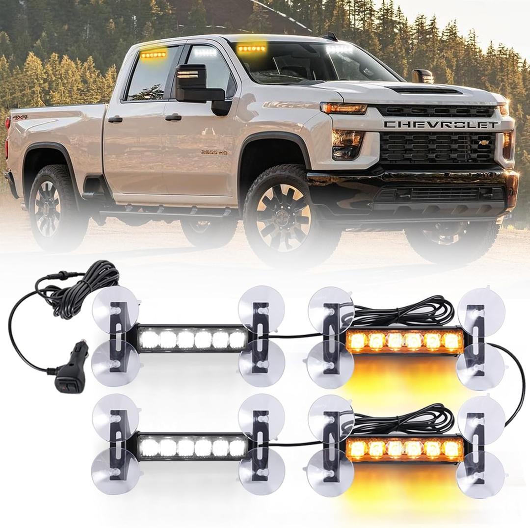 4X 6.1 inch Emergency Strobe Traffic Advisor Light Bar,24 LED Waterproof Flashing Safety Dash Front/Rear/Side Windshield/Grille Lights for Construction Vehicles Tow/Plow Trucks(Amber/White)