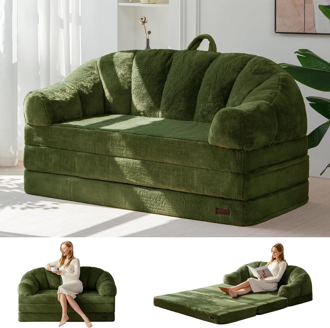 MAXYOYO Folding Sofa Bed, 2 in 1 Convertible Sofa to Lounger Comfy Loveseat Bean Bag Chair for Adults, Floor Sleeper Couch with Handle, Faux Fur Couch Bed for Living Room Bedroom, Green, Loveseat