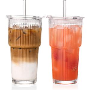 GOSCHE 20oz Ribbed Glass Tumbler with Straw and Lid, Clear Iced Coffee Cups Vintage Glassware, Glass Cups with Lids and Straws for Smoothie Water Tea Juice, Clear, 2 Pack