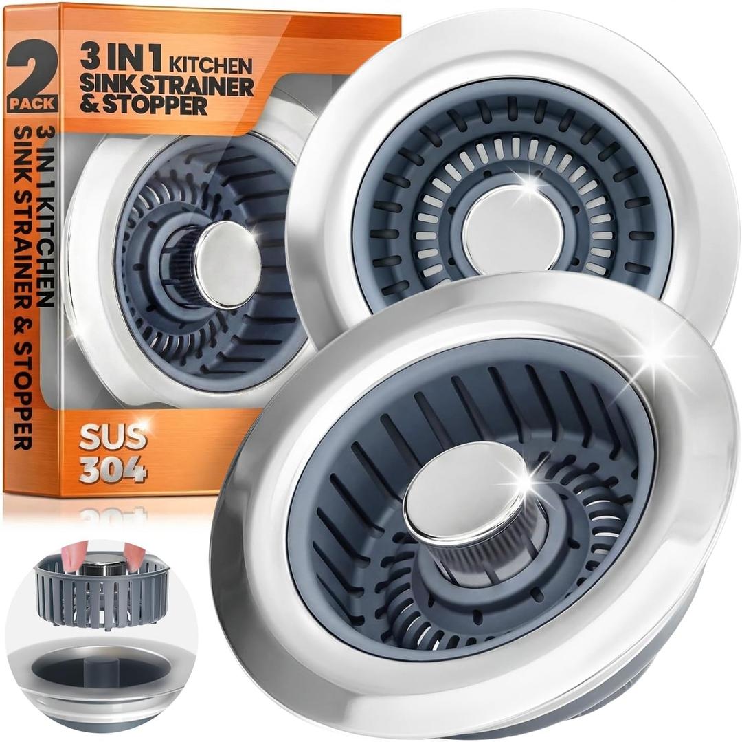 Sink Drain Strainer - Sink Stopper, 3 in 1 Kitchen Stainless Steel Drain Plug with Anti-Clog Basket, Pop-Up Cover Fits Standard 3-1/2 Openings for Double Bowl Kitchen Sinks (Silver)