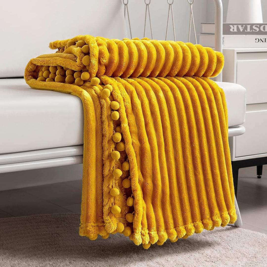 DISSA Fleece Blanket Throw Size 51x63, Yellow Soft, Plush, Fluffy, Fuzzy, Warm, Cozy Perfect for Couch, Bed, Sofa - with Pompom Fringe Flannel