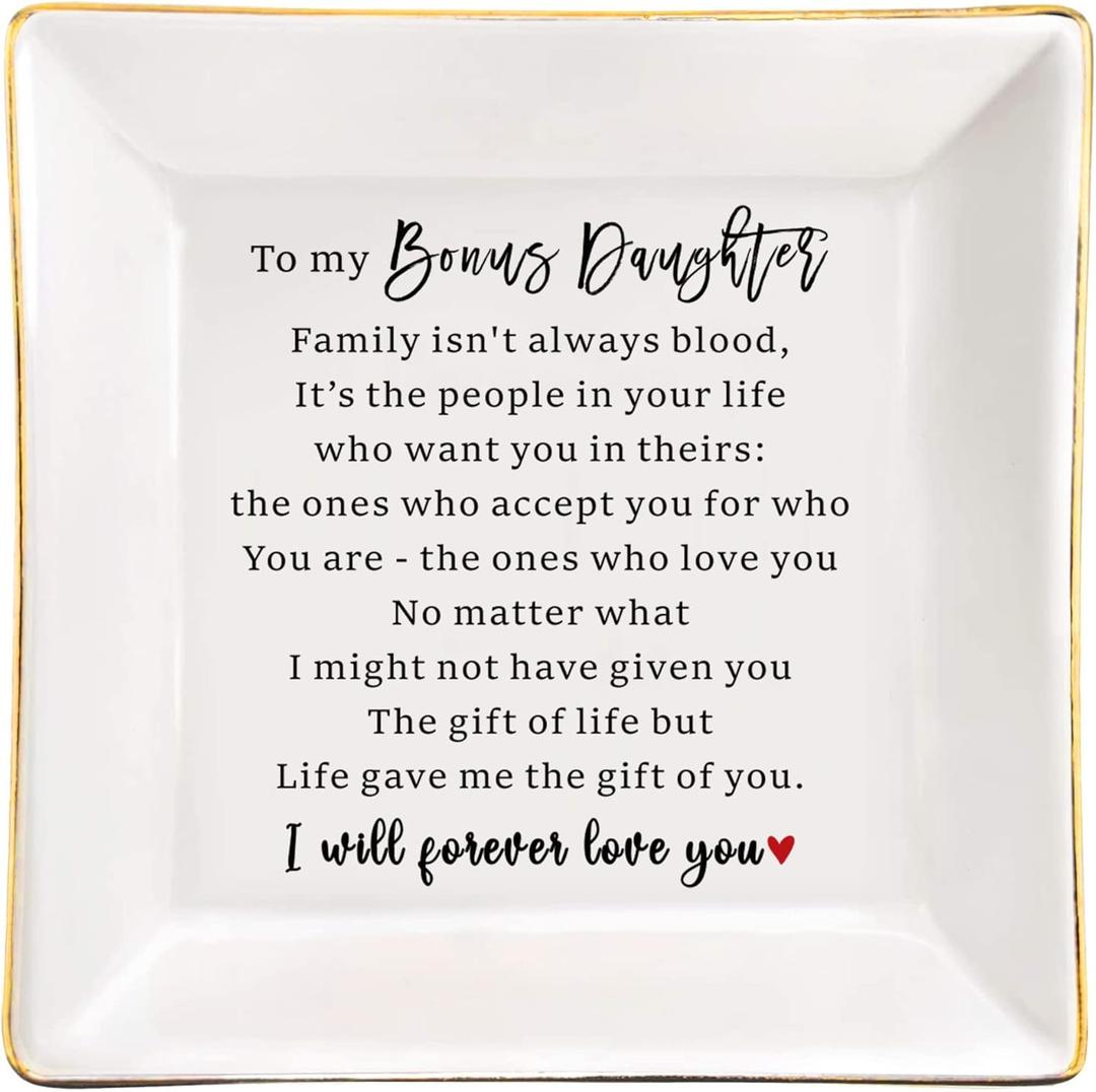Ceramic Jewelry Ring Dish for Women Her, Christmas Birthday Wedding Day for Daughter Mom Grandma Coworker Aunt Best Firends Bonus Daughter, Jewelry Tray Keepsake