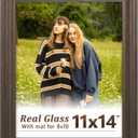 11x14 Brown Picture Frame - Real Glass, Classic Thick Frame Display Pictures 8x10 with Mat or 11 x 14 without Mat, Wall Hang or Table Stand