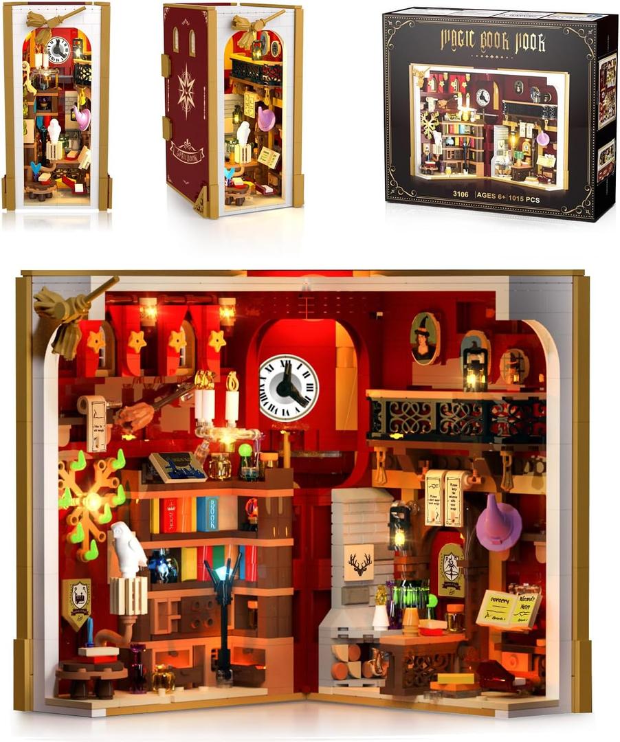 Magic Booknook Building Set with LED Light, 3.6mm Mini DIY Bookend Building Kit for Bookshelf & Home Decor, 1015 PCS Miniature Book Nook Building Block Model for Kids Adults Boys Girls Age 8+