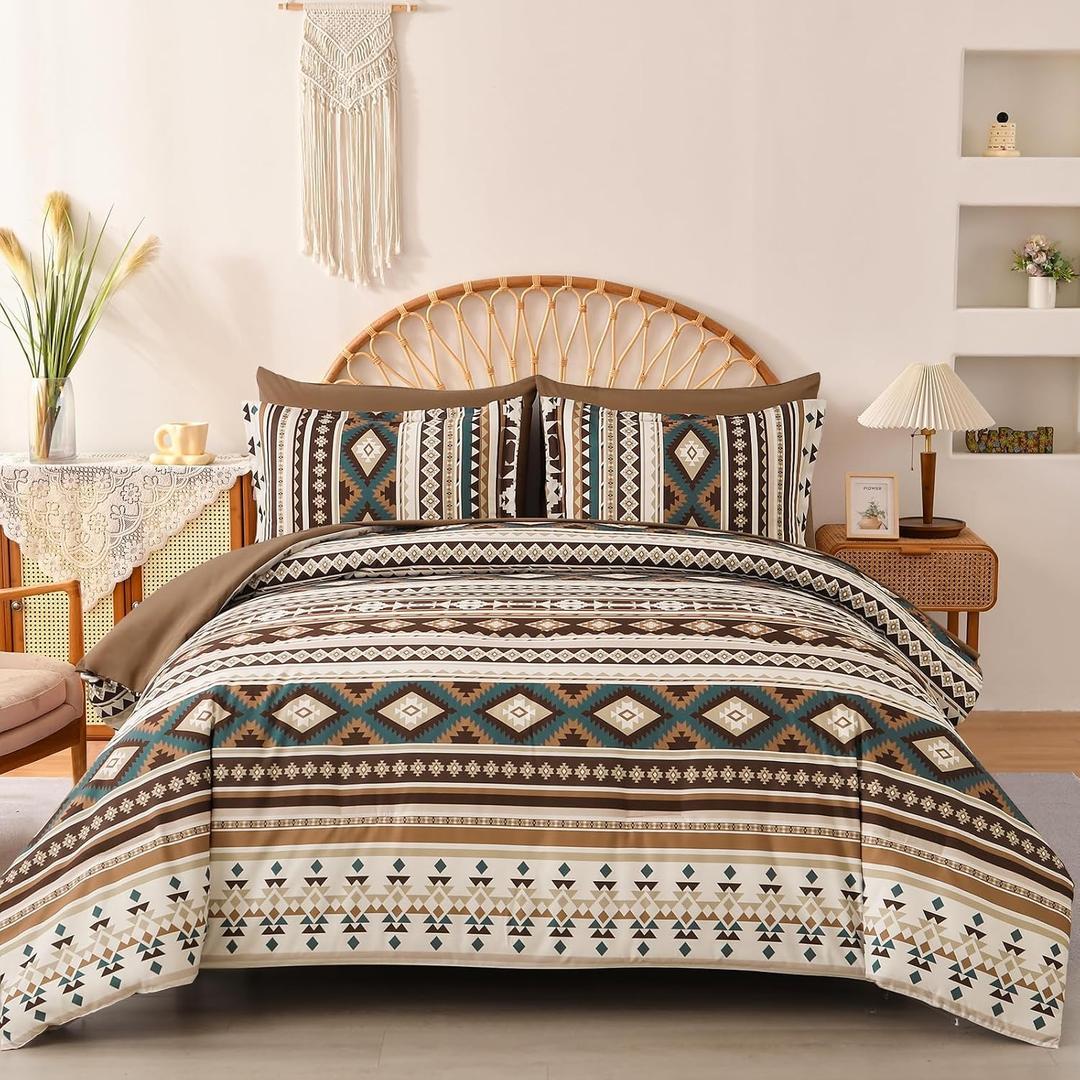 Dinjoy Boho King Size Bed in A Bag 7 Pieces,Brown/Coffee Comforter Set Aztec Striped Fall Bedding Set Bohemian Patchwork Complete Set Geometric Pattern Comforters for Women Men 90"104"