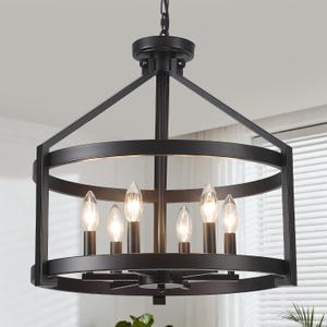 6-Light Large Farmhouse Black Chandelier, 20" Modern Hanging Pendant Lighting, Convertible Semi Flush Mount Ceiling Light Fixture Rustic Vintage Chandeliers for Dining Room Foyer Kitchen Entryway