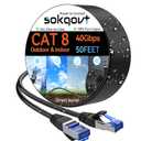 Cat 8 Ethernet Cable Slim 50ft Outdoor&Indoor, Pure Copper Cat8 Internet Cable for Waterproof & Direct Burial, Flexible Cat8 Ethernet Cable 40G 2000MHZ, Cat 8 Network Cable for Indoor Black