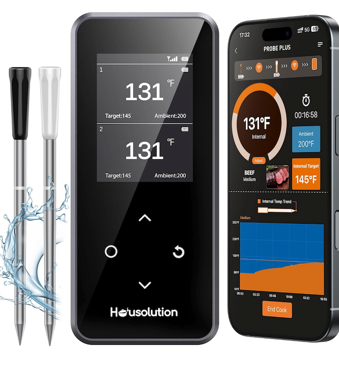 Housolution Wireless Bluetooth Meat Thermometer, Smart App & Standalone Base, Dual Probes & 6 Sensors, 0.5S Instant Read, Large LCD Display, Remote Connection for Cooking, Grilling, BBQ
