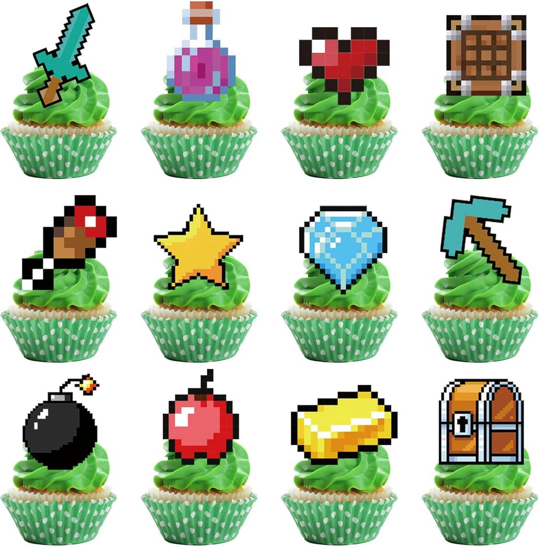 Birthday Cupcake Toppers Set,24pcs Party Supplies for Kids Boys Video Game Birthday Cake Decorations