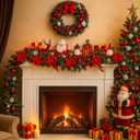 Dingion 9 ft Christmas Poinsettias Garland Decoration DIY Artificial Pine Garland with Red White Berries Picks Poinsettias Flower Ornaments for Xmas Fireplace Table Window Stairs Holiday Decor