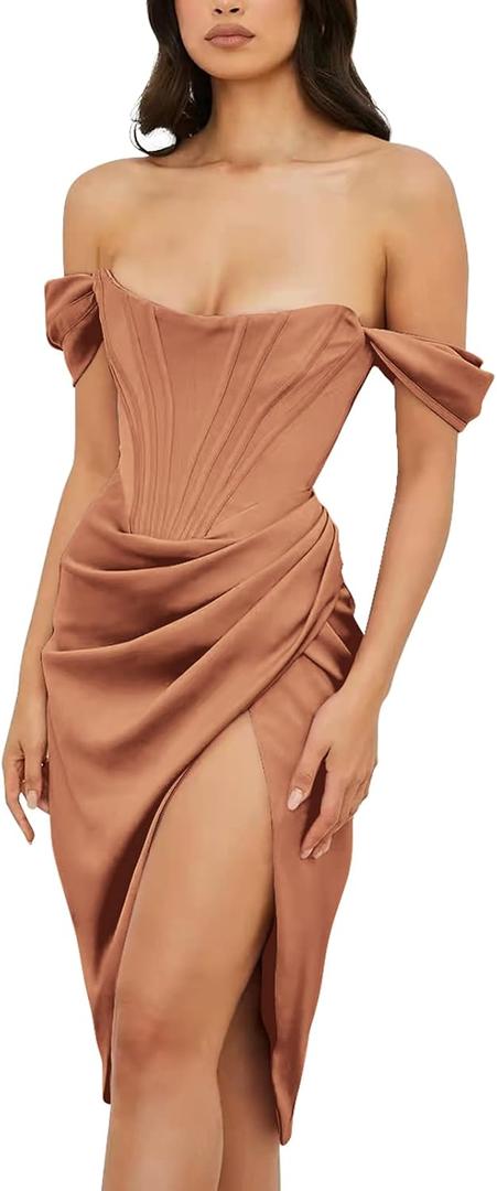 Womens Off Shoulder Split Bustier Corset Satin Dress Strapless Backless High Slit Bodycon Ruched Cocktail Party Dress (Gold, XL)