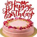 Gyufise 1Pcs Bow Happy Birthday Cake Topper Glitter Coquette Cake Pick Decorations for Girls Women Birthday Theme Baby Shower Party Supplies Red