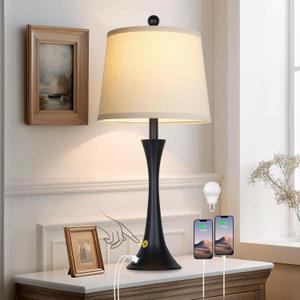 27.5" Black table Lamps for Living Room, Touch Control 3-Way Dimmable Bedside Nightstand Lamps Bedroom Lamp,Modern Black Table Lamp with USB A+C Ports,Tall Lamps for Living Room End Table1Pack