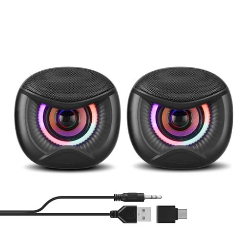 Elimavi USB Computer Speakers for RGB Lighting, PC Speakers with a USB-C Interface are Suitable for Desktop Laptop Monitor, Owl Eye Design, Colorful Lights