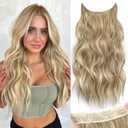 KooKaStyle Invisible Wire Hair Extensions with Transparent Wire Adjustable Size 4 Secure Clips Long Wavy Curly Secret Synthetic Hairpieces(20 Inch, Dark Ash Blonde mix Light Blonde Highlights)