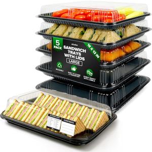 5 Pack Catering Trays with Lids 17" Serving Tray with Lid, Heavy Duty Recyclable Plastic Party Platters for Catering, Buffet, Picnics & Events Food Trays with Clear Lid (17.72 x 12.20 x 2.95 inch)