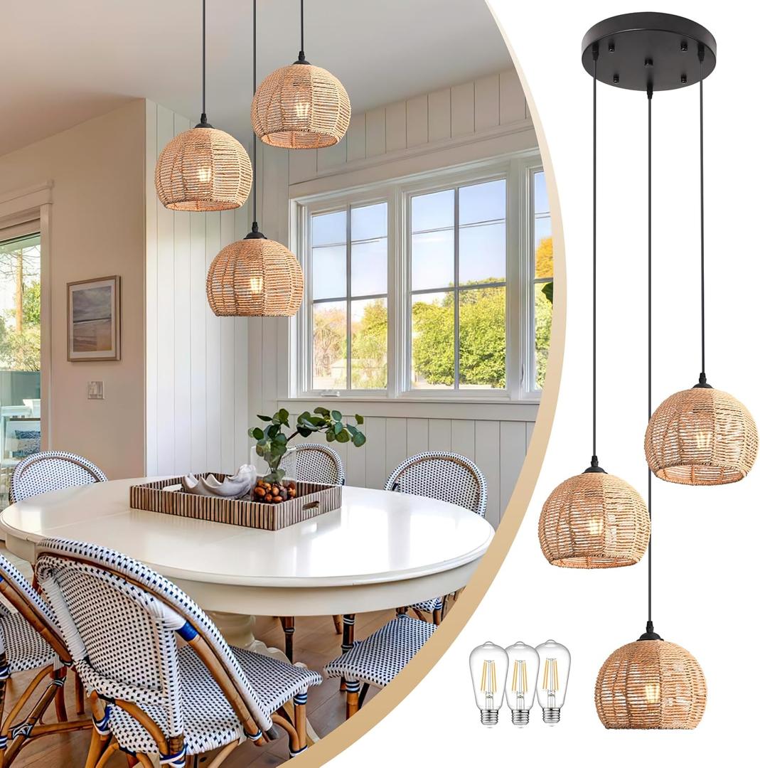 3-Light Mini Hemp Rope Woven Pendant Light Kitchen Island,3 Dome Hand Woven Boho Rattan Chandelier Farmhouse Wicker Ceiling Light,rustic Light Fixture For Living Room Hallway Dining Room(Bulb Incl.)