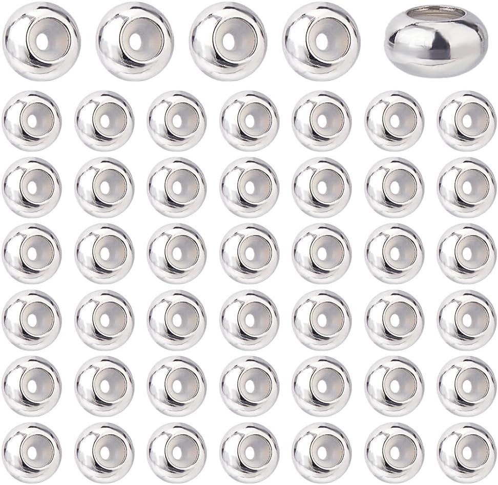 DICOSMETIC 50Pcs Stainless Steel Slider Beads Metal Stopper Beads 6mm Adjustable Bead Rondelle Spacer Bead with Rubber Inside for Bracelets Jewelry Making, Hole: 1.2mm